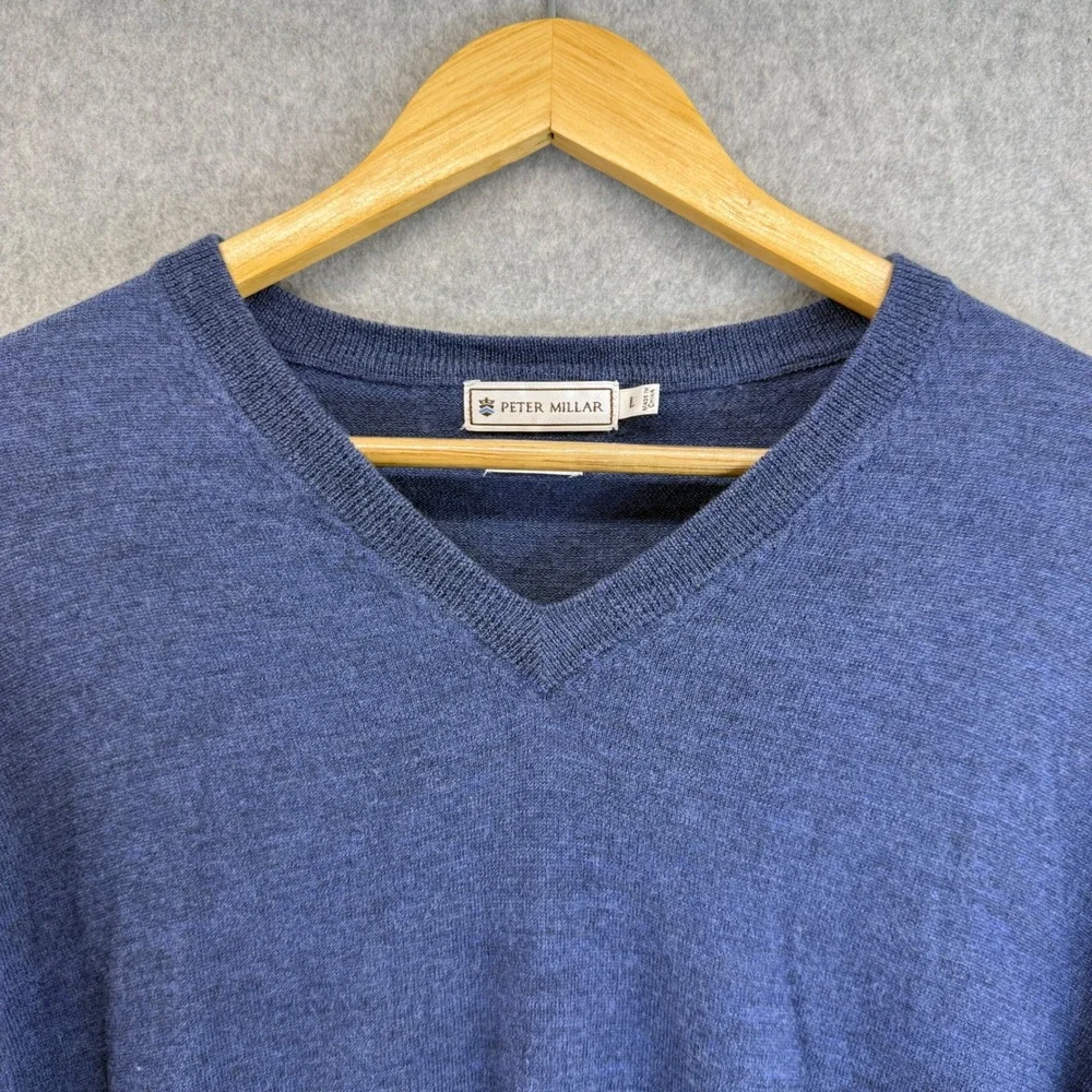 Peter Millar VNeck Pullover Sweater Long Sleeve Blue Merino Wool Mens Size Large